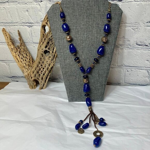 Erica Blue and Gold Tone Y Necklace 26 to 28 Inches - Picture 1 of 6